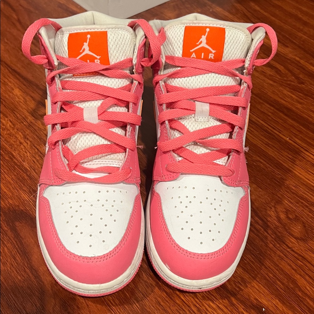Kids Nike Air Jordan Mid Sneakers Pink & Orange & White Size 7Y - Picture 2 of 8